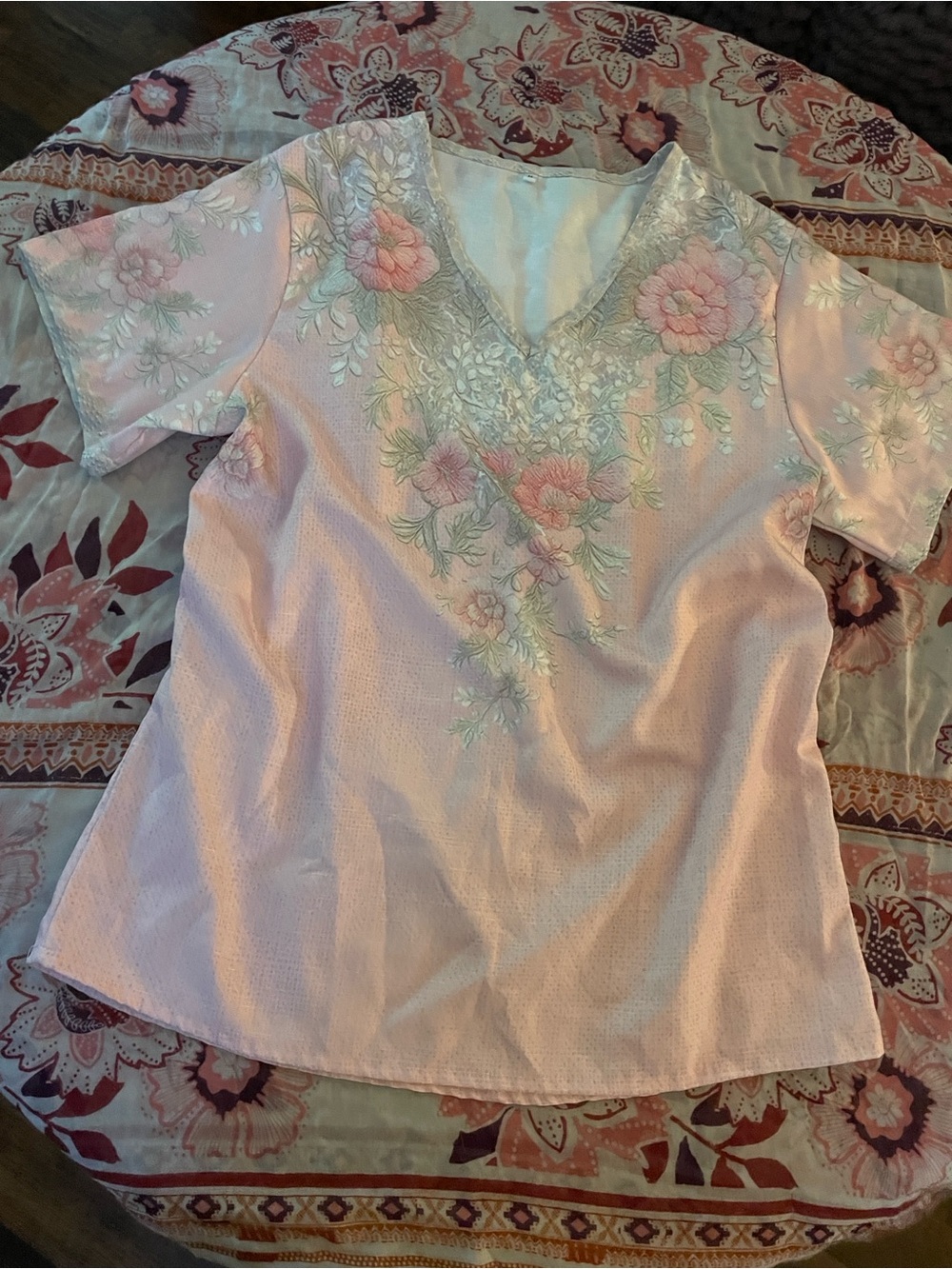 Women's Pink Floral Embroidered V-Neck Top
